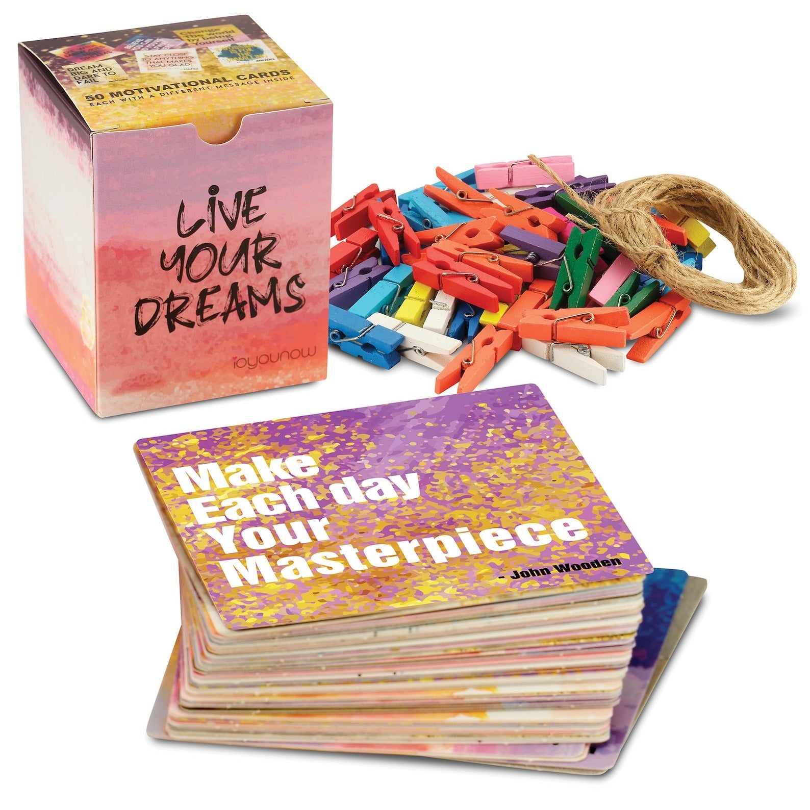 Motivation Inspiration Affirmation Cards, with BONUS 50 Wooden Pins, 16ft Twine. Unique Assorted Designs, Kindness Appreciation Gratitude - Ioyounow