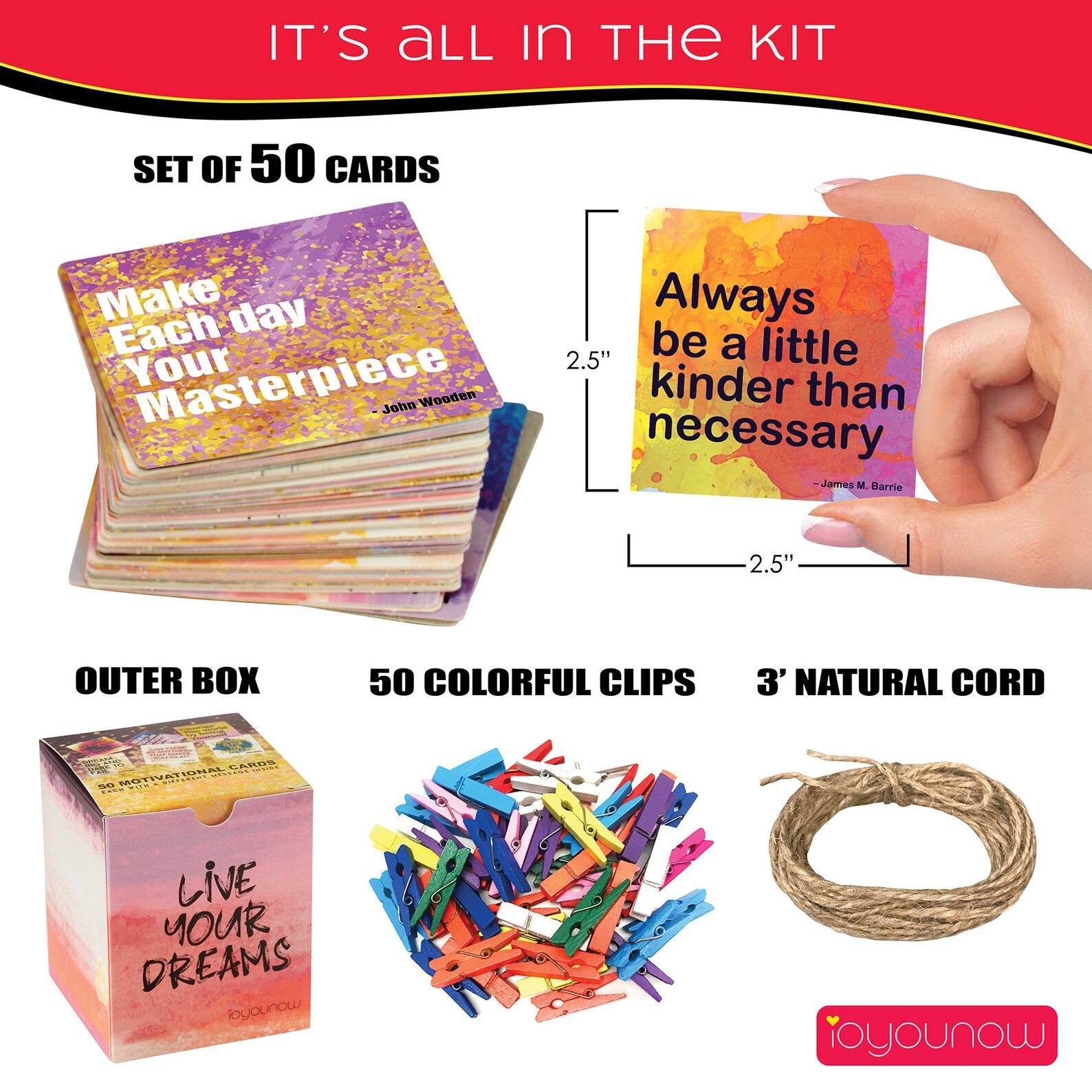 50 Motivational Cards - 2.5”x2.5” Affirmations Cards Inspirational Cards with BONUS 50 Wooden Pins, 16ft Twine Encouragement Cards - Ioyounow