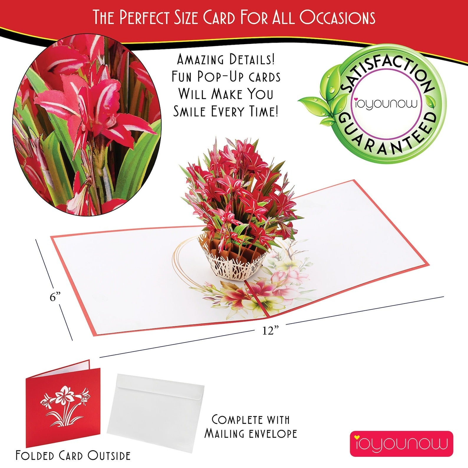 Red Amaryllis Popup Cards - 6x6 Pop Up Birthday Card, Greetings Card | Happy Birthday Card for Sisters – Gift for Women iOyounow - Ioyounow