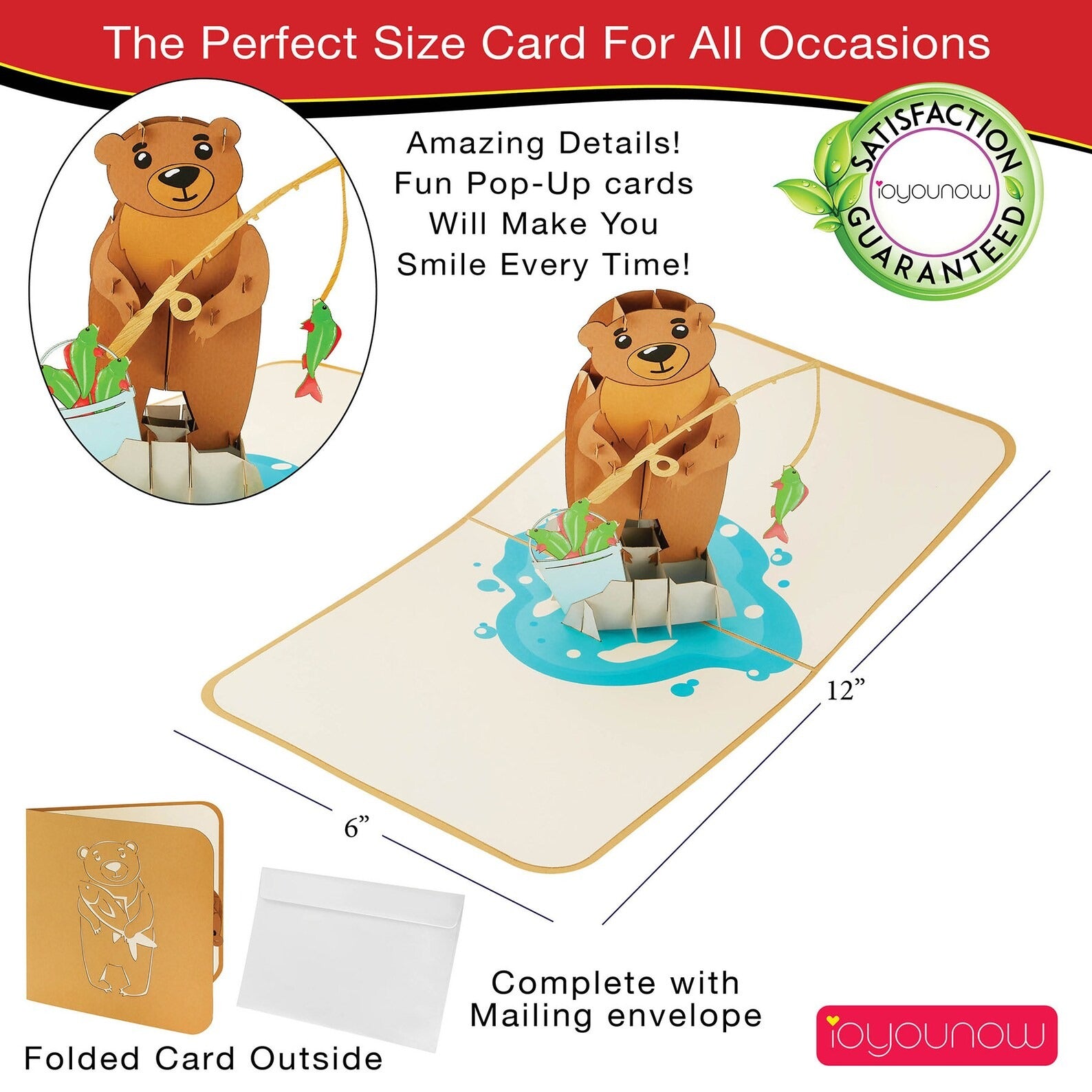 IOYOUNOW Teddy Bear Fishing Pop Up Card – 12x6 Inch Greetings Card with Amazing 3D Bear Design | Perfect for Birthdays, Thanks Giving - Ioyounow