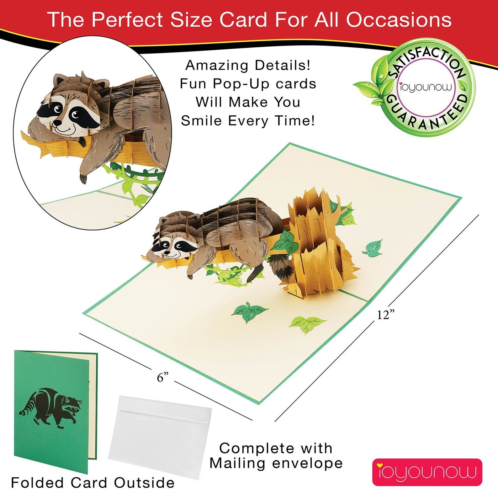 IOYOUNOW Raccoon Pop Up Card – 12x6 Inch Greetings Card with Amazing 3D Raccoon Design | Perfect for Birthdays, Thanks Giving - Ioyounow