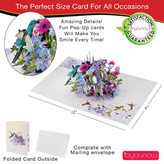 IOYOUNOW Mixed Flowers and Hummingbird Pop Up Card - 12x6 Inch Greeting Card with Adorable 3D Design - Perfect for Bird Lover Birthday Cards - Ioyounow