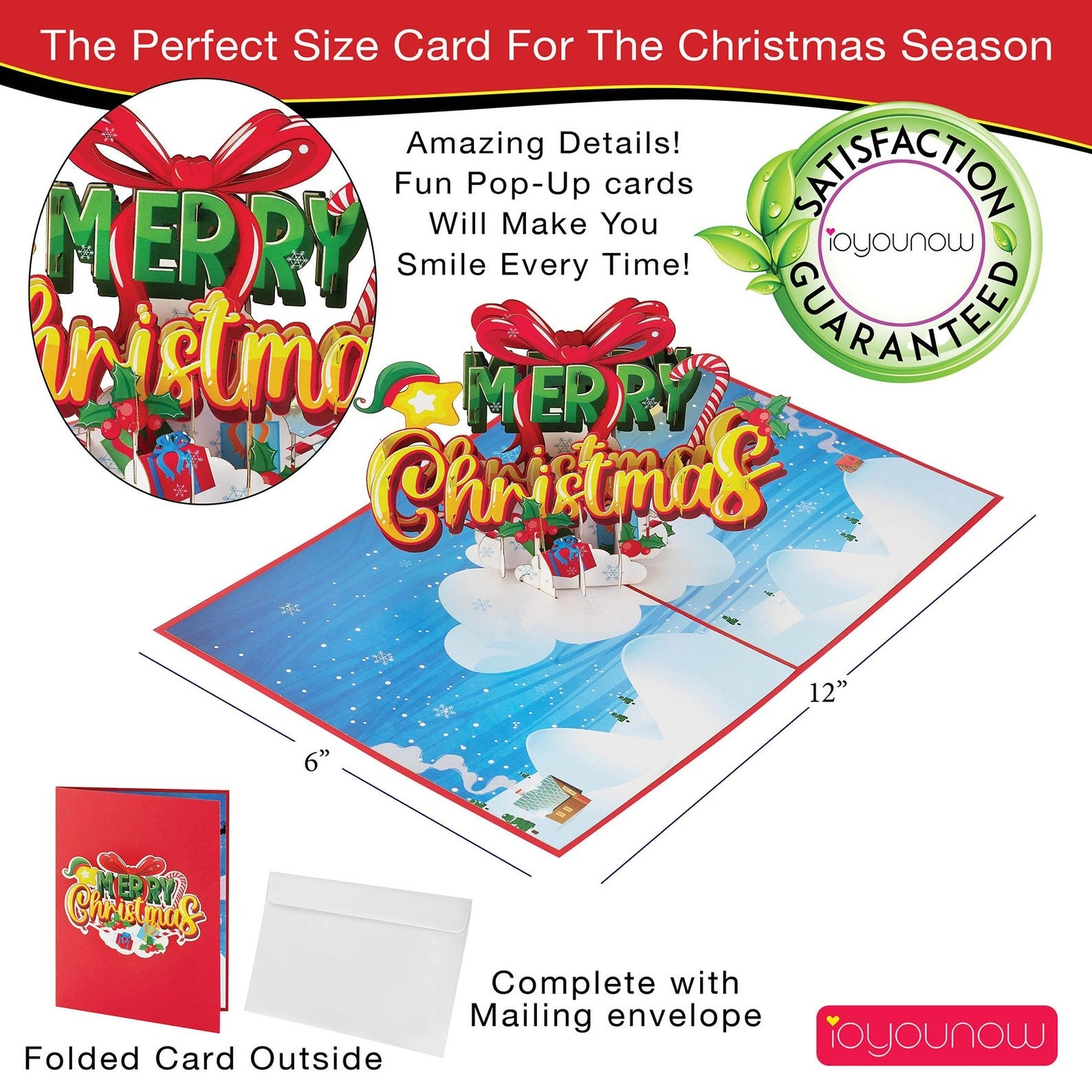 IOYOUNOW Merry Christmas Popup Cards - Beautiful Merry Christmas Design Perfect for Kids & Adults - Christmas Card for the Happy Occasions - Ioyounow